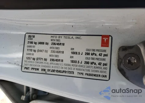 2018 Tesla Model 3 z USA, uszkodzony, nr VIN 5YJ3E1EA0JF017373
